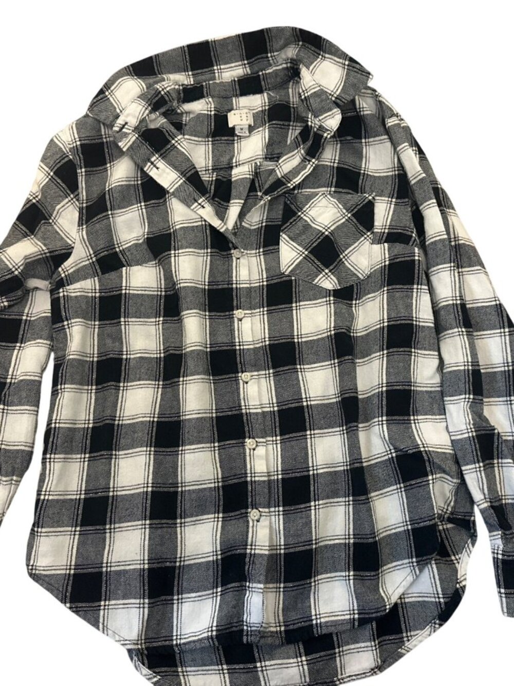A New Day Button-Down Plaid Top M Metallic Casual Grunge Black White Soft